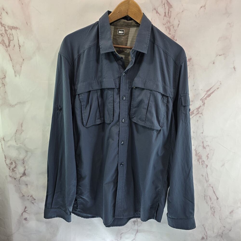 REI Co Op Shirt Mens Large Blue Button Up Long Sleeve Pocket Hiking Tech Nylon